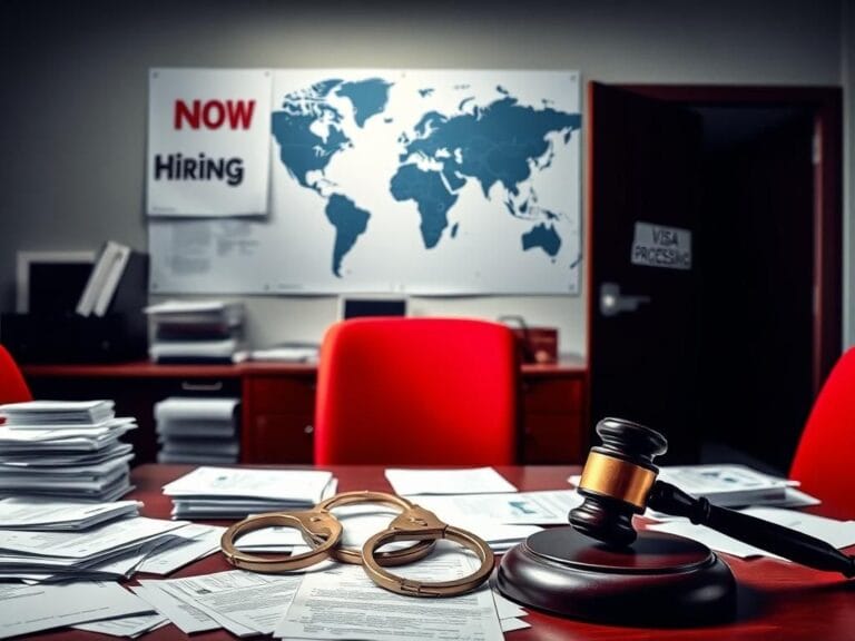 Flick International Empty office workspace with 'Now Hiring' sign, resumes, and job applications reflecting hiring practices controversy.