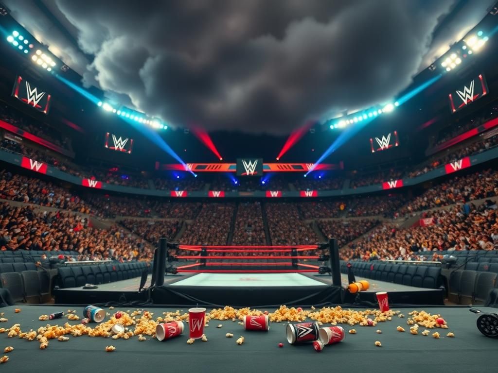 Flick International Chaotic scene in an arena showing signs of a wild fan brawl with overturned chairs and scattered items