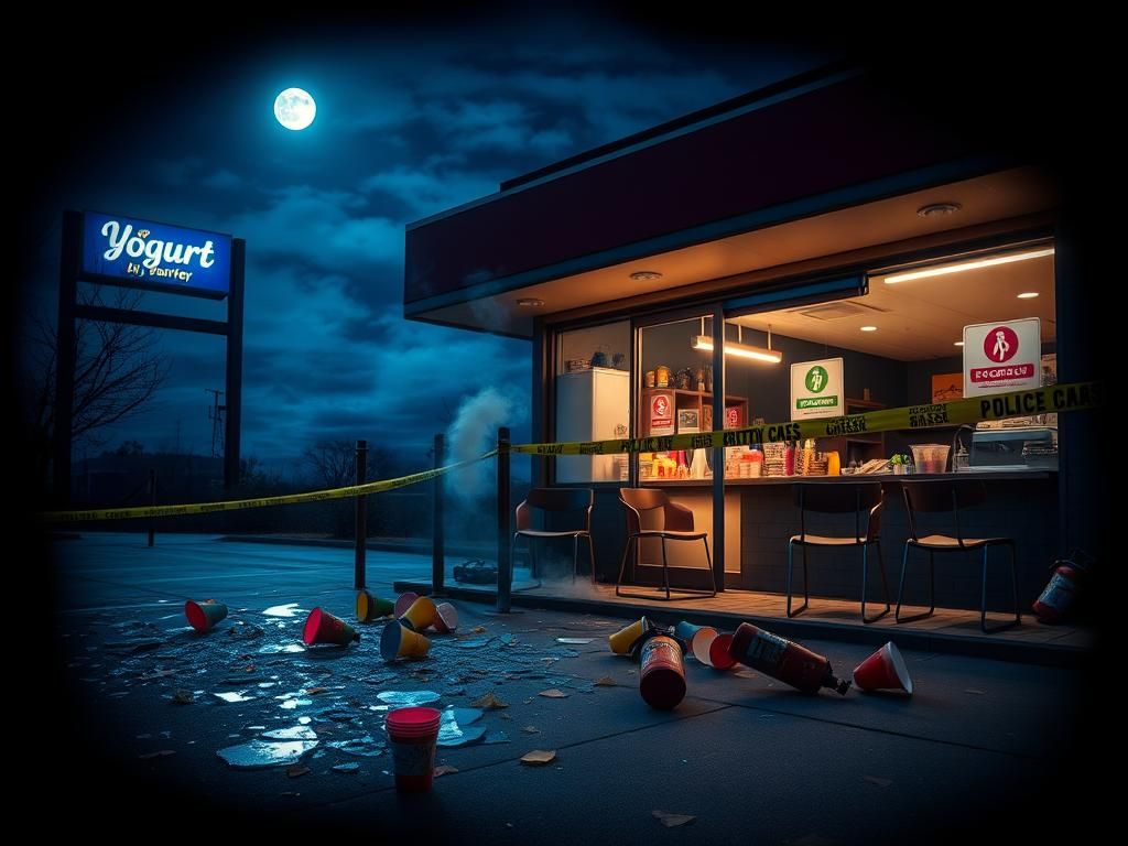 Flick International Evening scene at a vacant yogurt shop with a flickering neon sign and shattered glass on the ground