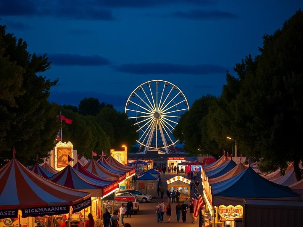 Flick International Scenic view of the Minnesota State Fairgrounds at dusk with vibrant fair tents and a glowing Ferris wheel