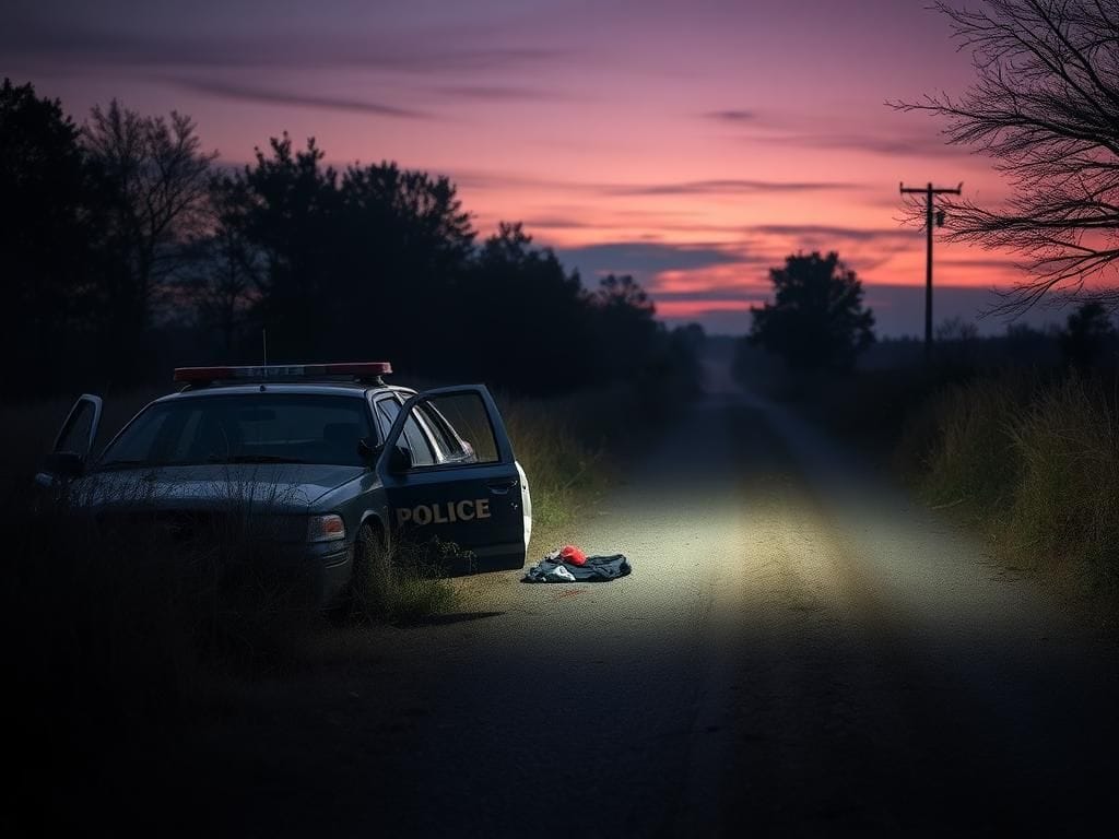 Flick International Abandoned police vehicle on a dusky Tennessee road with evidence markers