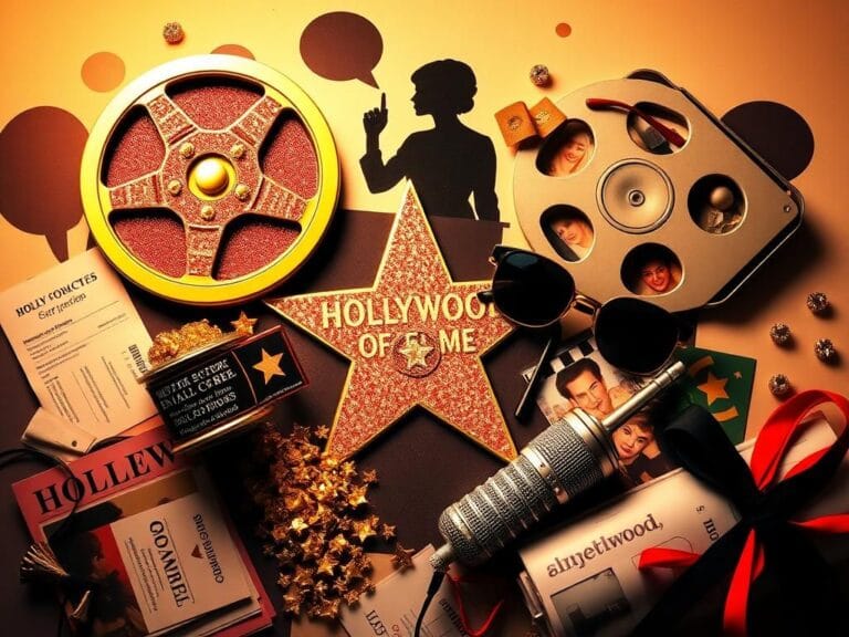 Flick International A vibrant flat lay featuring Hollywood-themed items, including a Walk of Fame star, vintage film reel, and microphone, embodying celebrity culture.