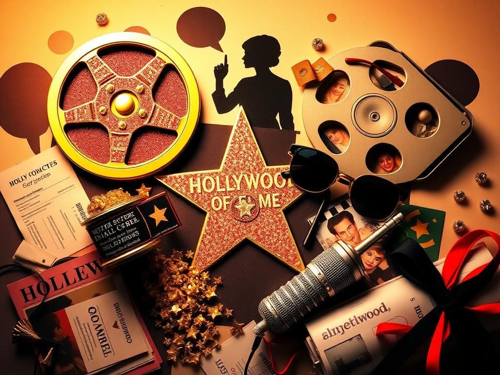 Flick International A vibrant flat lay featuring Hollywood-themed items, including a Walk of Fame star, vintage film reel, and microphone, embodying celebrity culture.