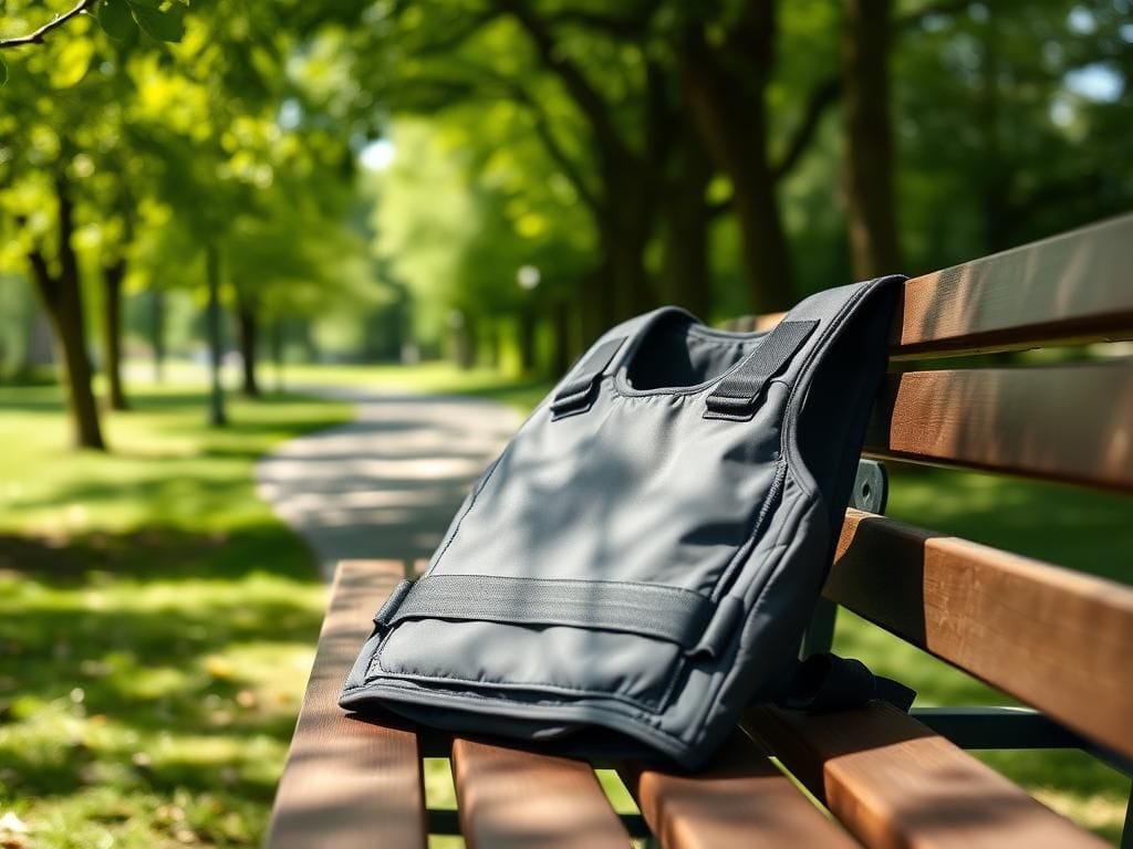 Flick International Close-up view of a modern weighted vest on a wooden bench in a park