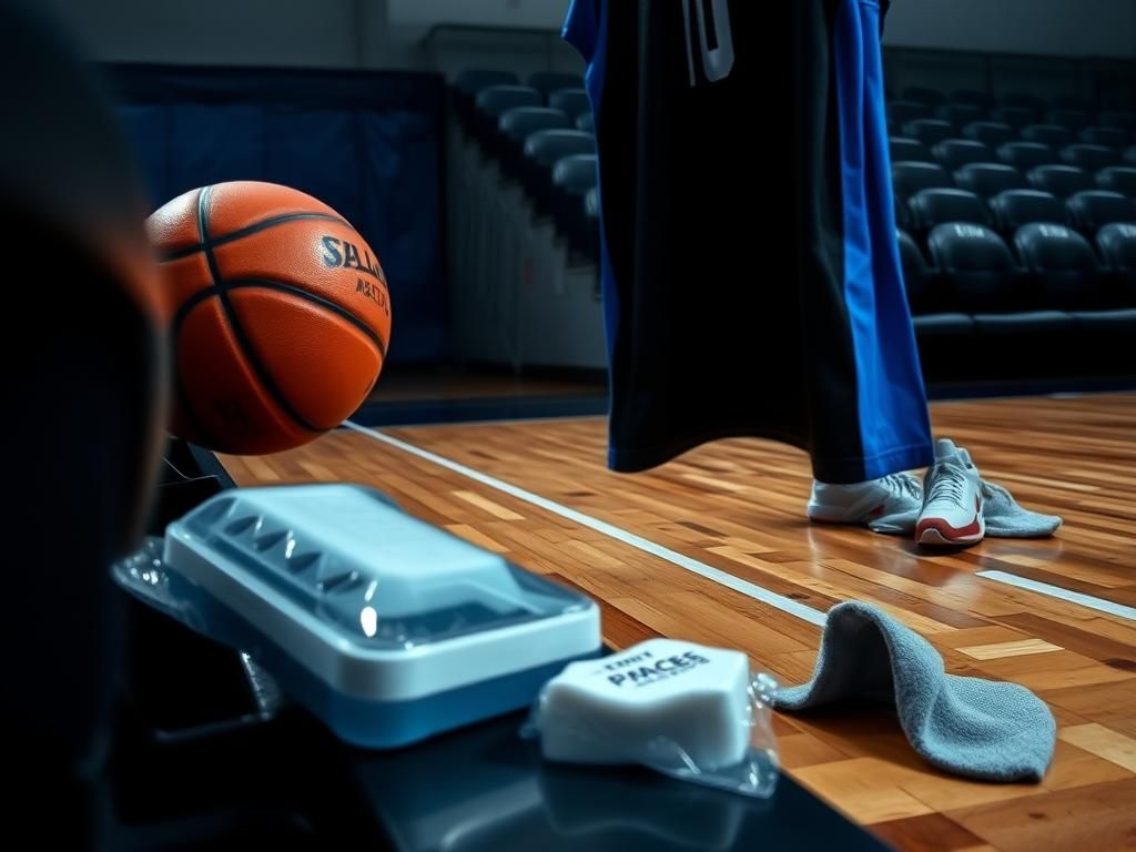 Flick International Close-up of a basketball court with a jersey and ice pack, symbolizing resilience after a tough game
