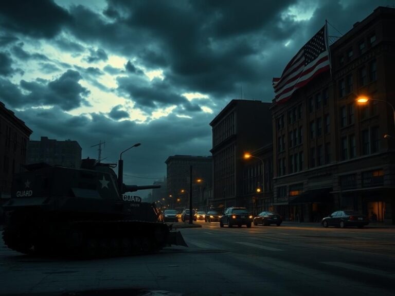 Flick International A deserted Chicago street at twilight with National Guard tanks and storm clouds
