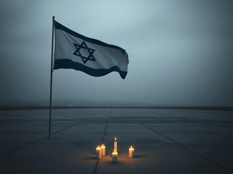 Flick International A large Israeli flag and six lit candles in a somber square