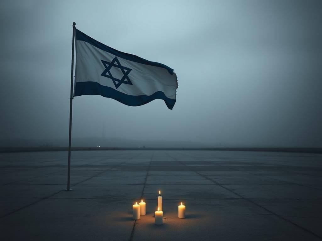 Flick International A large Israeli flag and six lit candles in a somber square