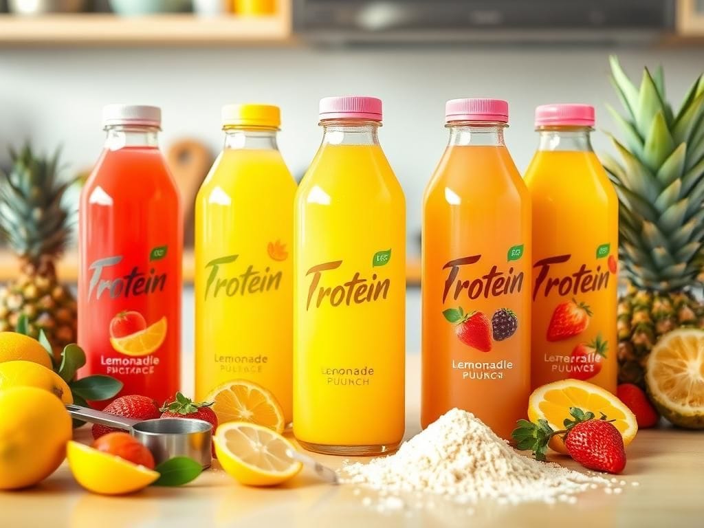 Flick International An array of colorful clear protein drinks in vibrant bottles on a bright kitchen countertop