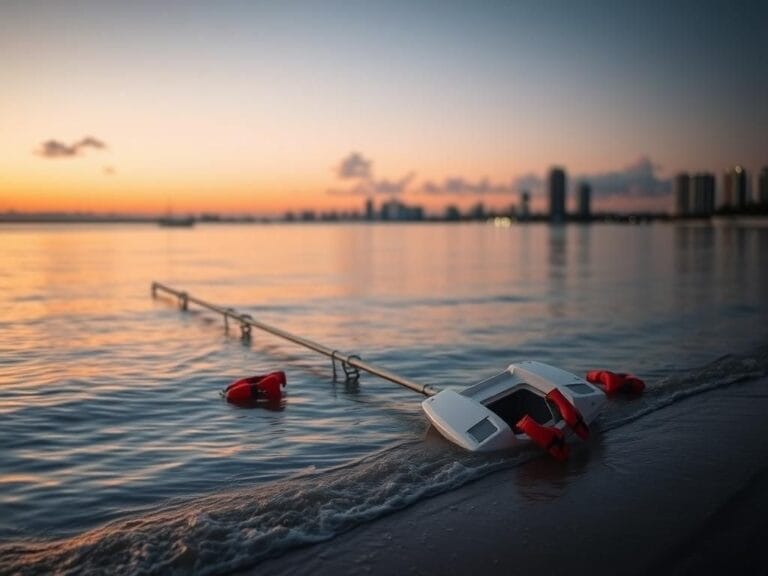 Flick International Remnants of a capsized sailboat in Biscayne Bay at dusk