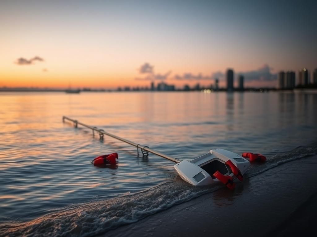 Flick International Remnants of a capsized sailboat in Biscayne Bay at dusk