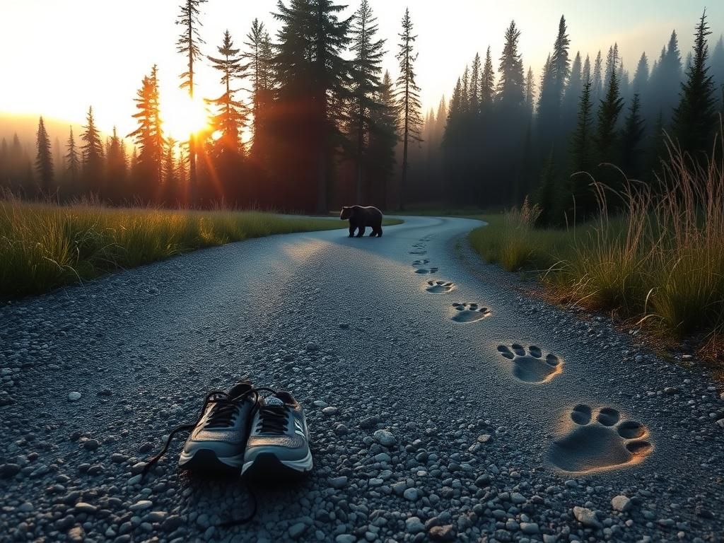 Flick International Serene Alaska landscape at dawn with abandoned running shoes and faint bear tracks