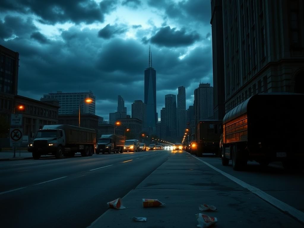 Flick International A military vehicle on a deserted Chicago street at dusk