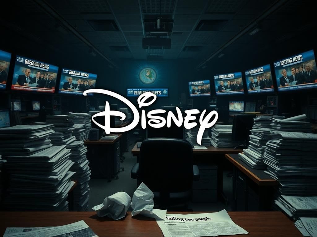 Flick International A bustling newsroom with screens displaying breaking news and shadows of corporate influence