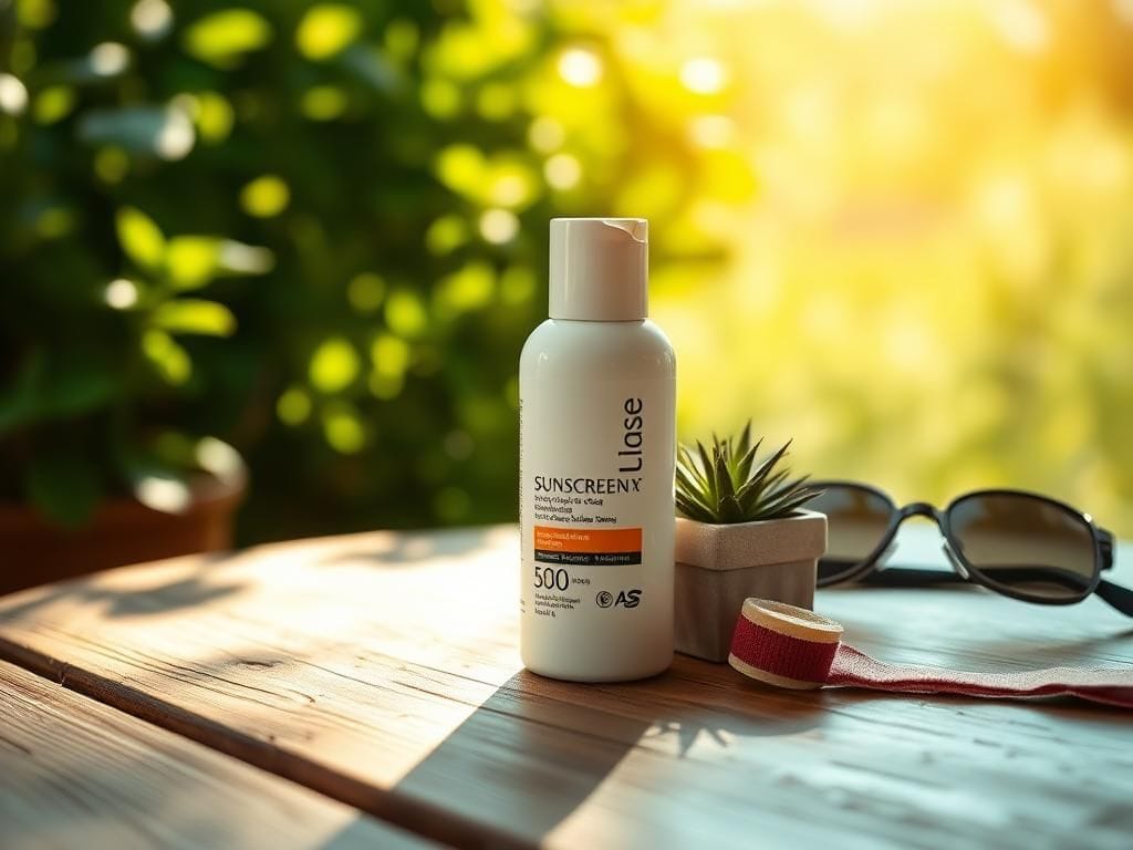 Flick International Close-up of a stylish sunscreen bottle on a textured wooden table, symbolizing health awareness