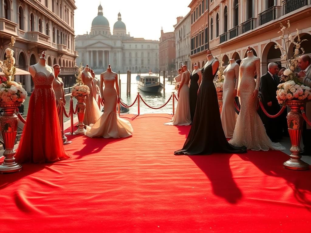Flick International A glamorous red carpet scene at the Venice Film Festival featuring celebrities and elegant attire