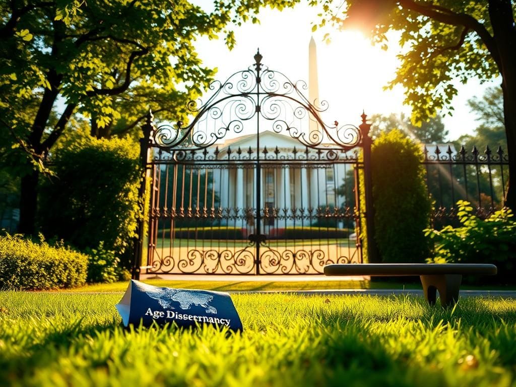 Flick International Ornate closed gate of the White House surrounded by greenery with a crumpled passport nearby