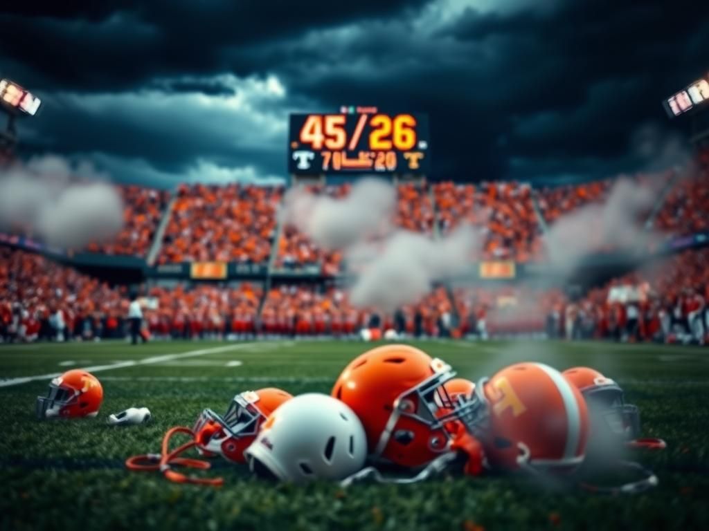 Flick International Syracuse football defender lying on the field amidst discarded helmets during controversial Tennessee game