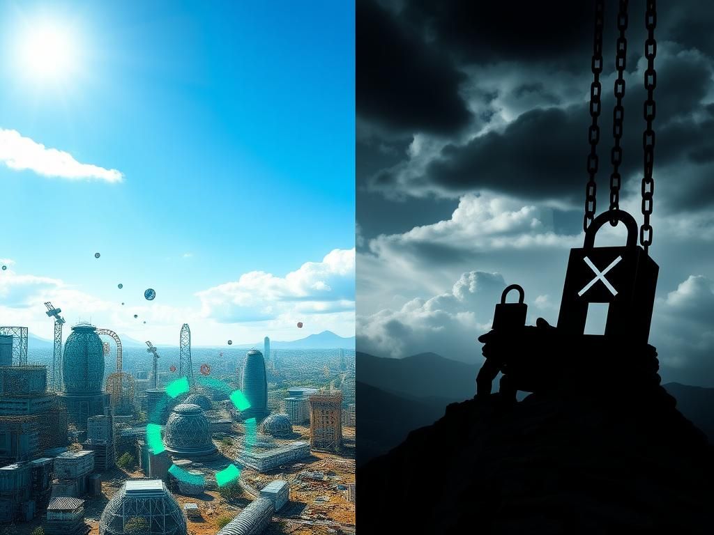 Flick International A divided landscape illustrating contrasting approaches to technology and free speech, with a vibrant digital environment on one side and an oppressive atmosphere on the other.