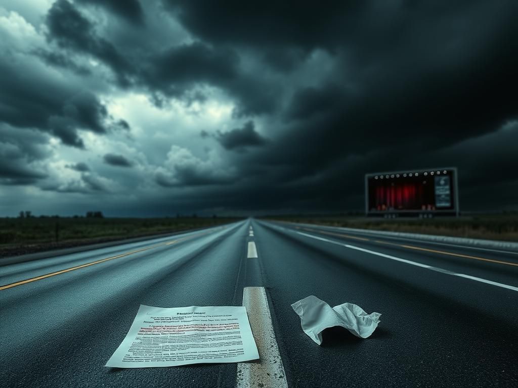 Flick International Ominous empty freeway with dark storm clouds and discarded script page
