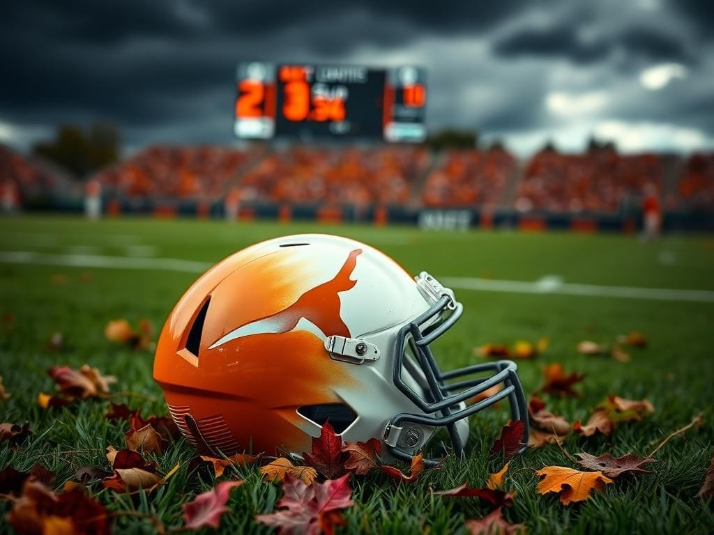 Flick International Abandoned Texas Longhorns helmet in autumn grass after tough game
