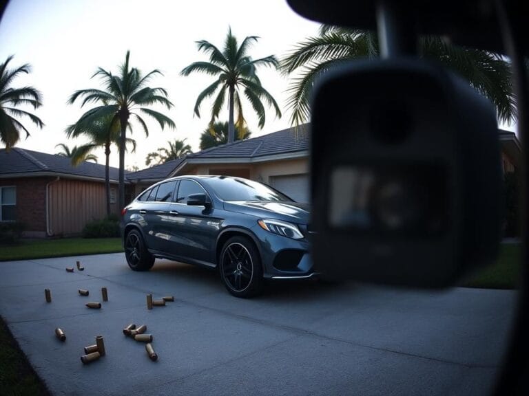 Flick International Suburban street scene captured by doorbell camera during daylight with bullet casings on driveway