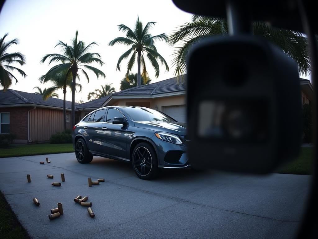 Flick International Suburban street scene captured by doorbell camera during daylight with bullet casings on driveway