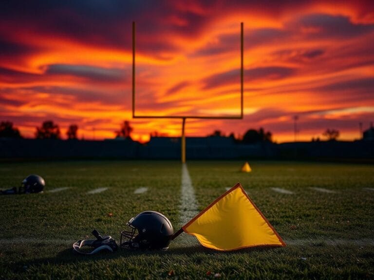 Flick International Empty football field at sunset with penalty flag