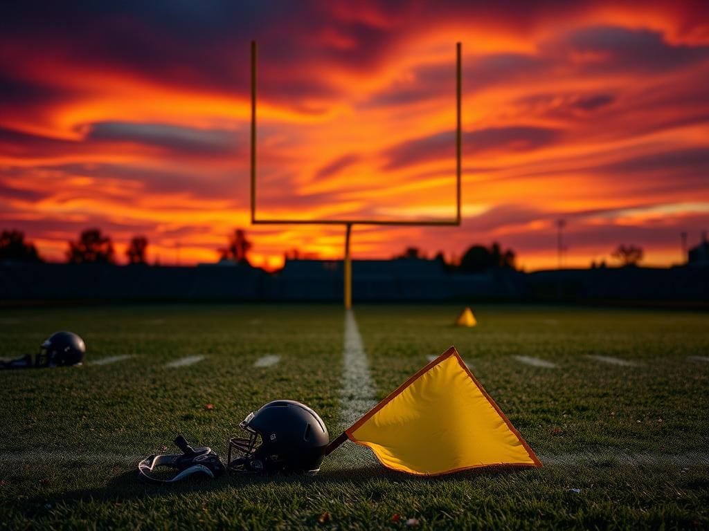 Flick International Empty football field at sunset with penalty flag
