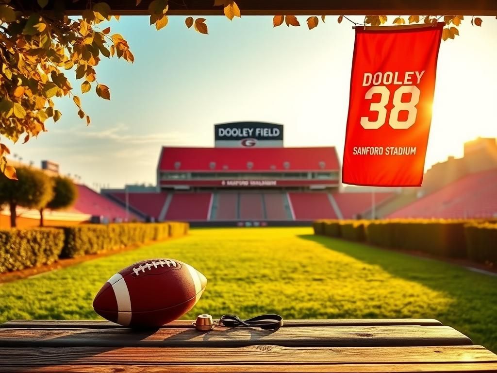 Flick International A vibrant scene of Dooley Field at Sanford Stadium in Athens, Georgia, with a football and whistle on a wooden bench