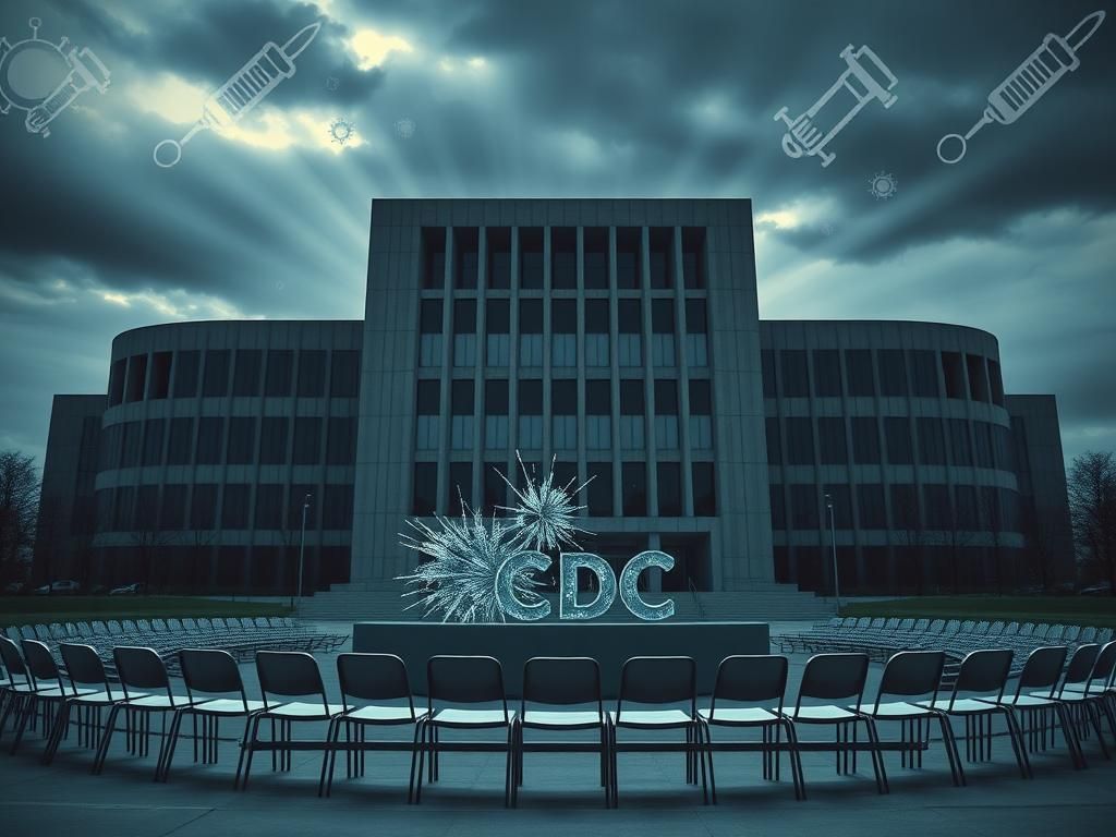 Flick International Exterior view of a large, modern public health building with a shattered CDC sign and empty chairs symbolizing recent departures.