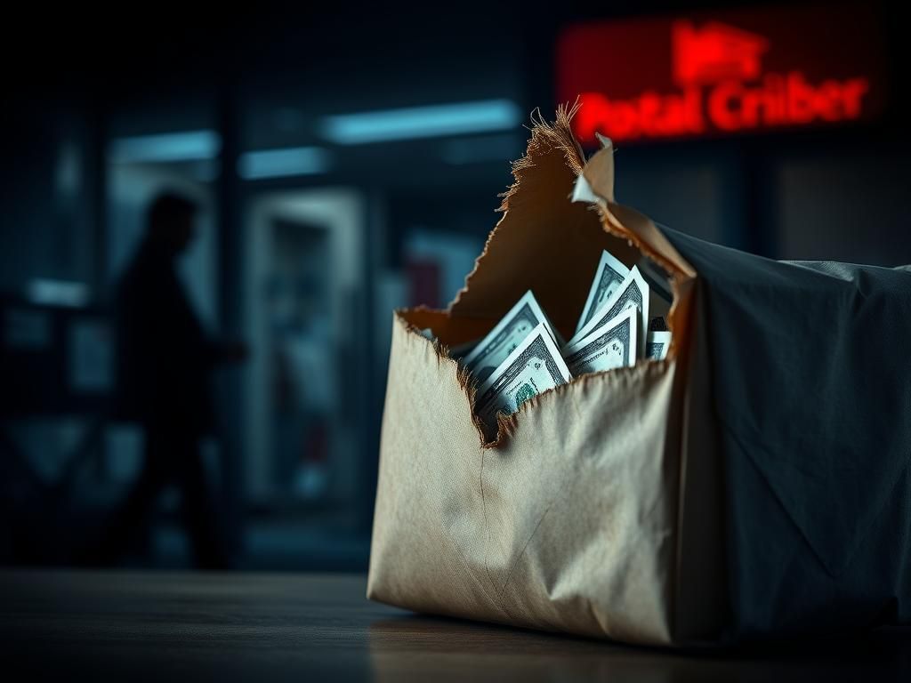 Flick International Close-up of a postal package with cash spilling out, symbolizing theft and betrayal.