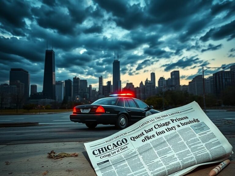 Flick International A dramatic cityscape of Chicago at dusk with a deserted police car symbolizing unrest