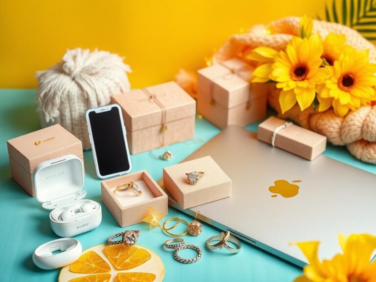Flick International Summer-themed still life featuring Bose earbuds, an Apple laptop, and designer jewelry against vibrant colors