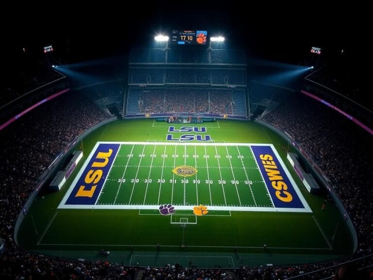 Flick International Aerial view of a college football stadium at night during LSU vs. Clemson game.