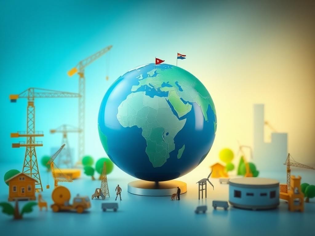 Flick International A globe surrounded by symbols of foreign aid and investment, showcasing infrastructure tools and renewable energy representations.