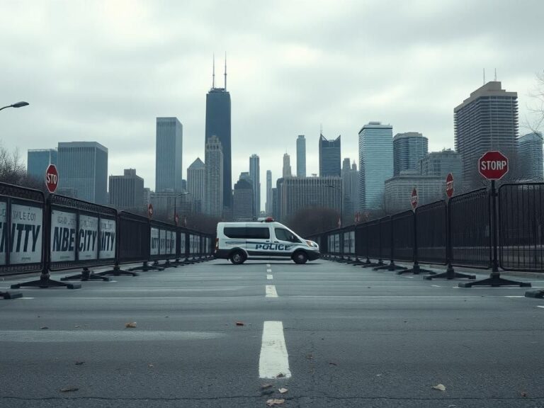 Flick International A deserted Chicago street lined with barricades and a police vehicle under an overcast sky