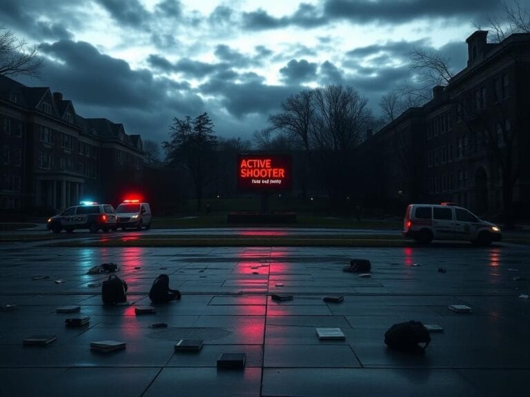 Flick International Dimly lit college campus at dusk depicting chaos with empty quad and police vehicles