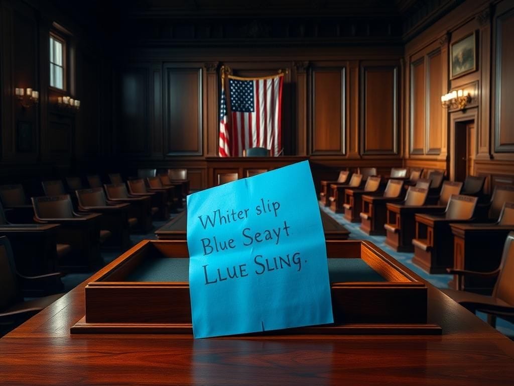 Flick International A traditional Senate chamber with empty seats, featuring a prominent blue slip of paper on a polished mahogany desk.