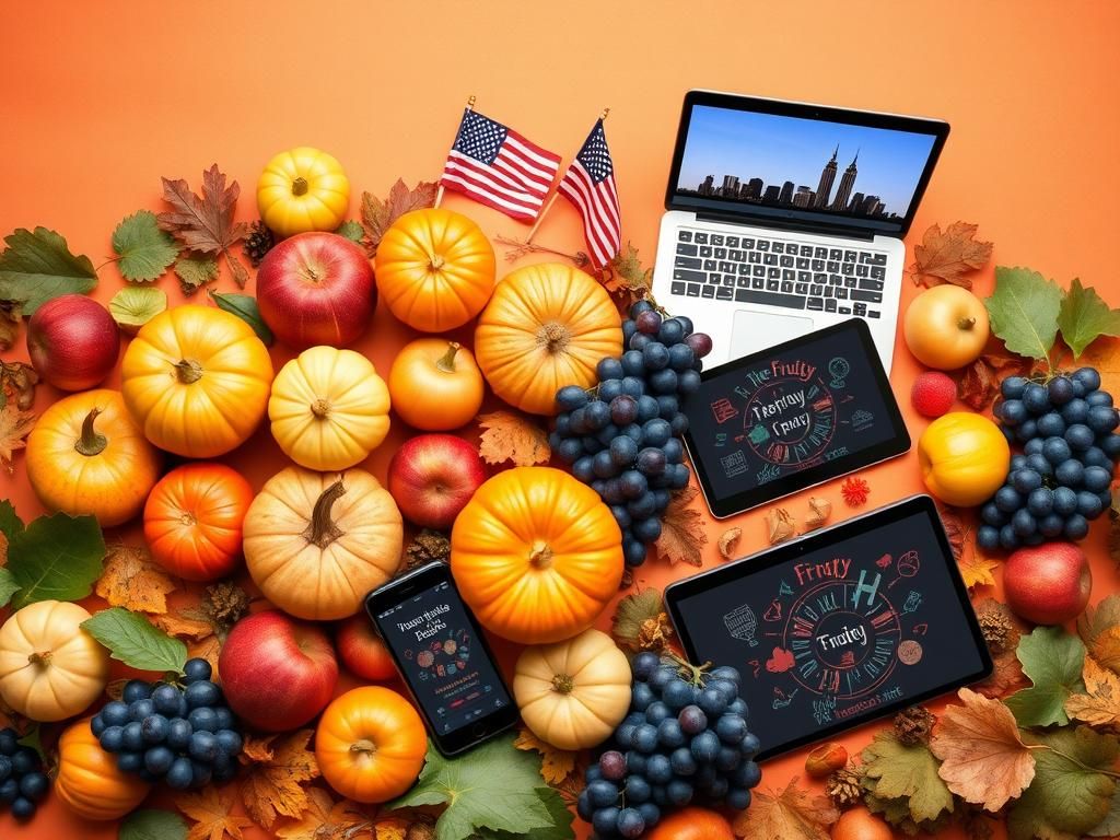 Flick International Vibrant flat lay of seasonal fruits and modern tech gadgets