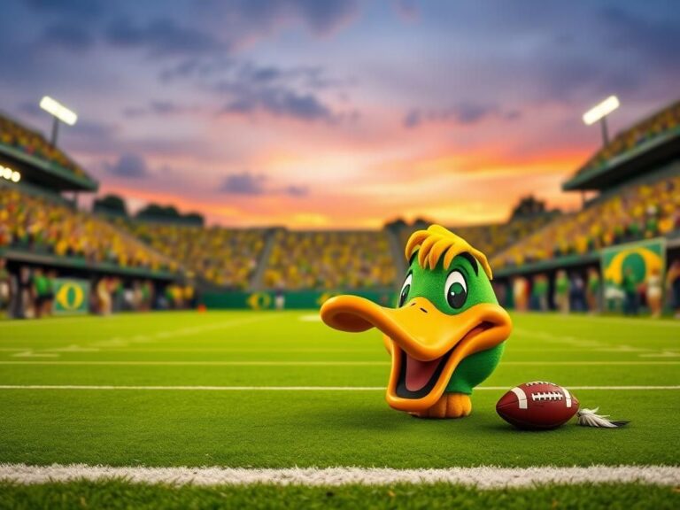 Flick International Disheveled Oregon Ducks mascot head humorously off to the side on the football field