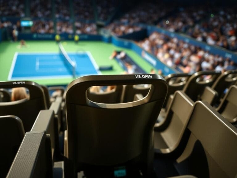 Flick International Empty audience stand at the U.S. Open with a vibrant tennis racket symbolizing tension