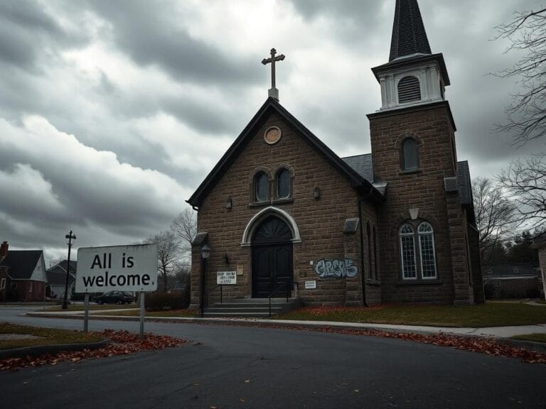 Flick International Exterior of a historic church experiencing vandalism with shattered stained glass and graffiti