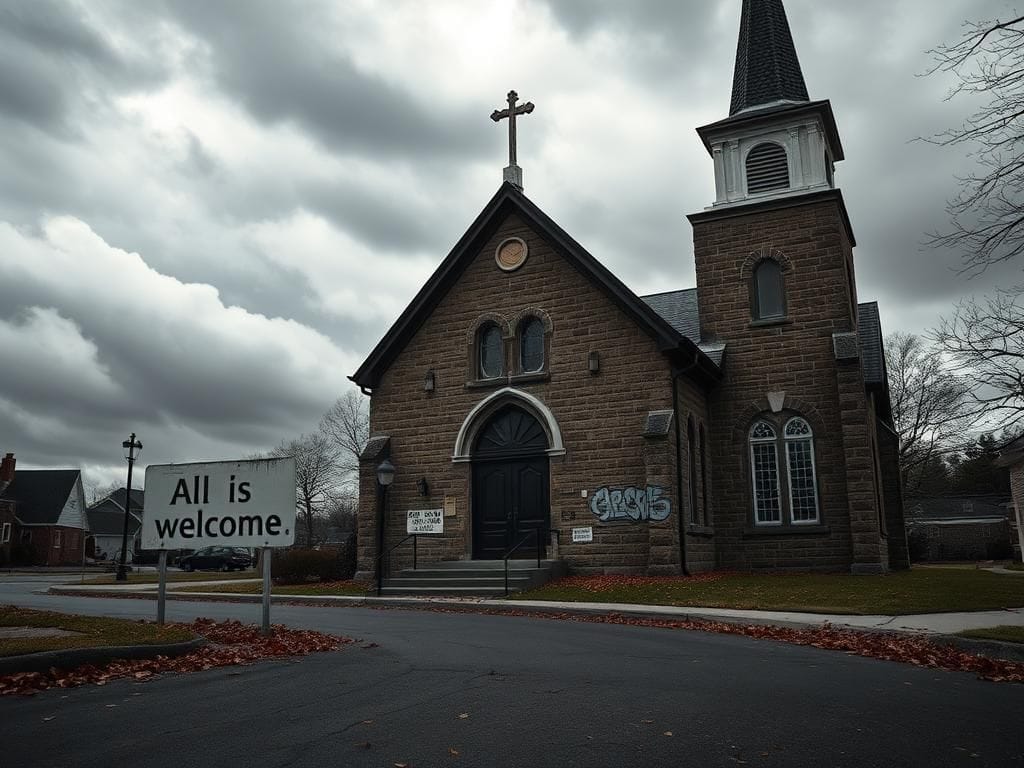 Flick International Exterior of a historic church experiencing vandalism with shattered stained glass and graffiti