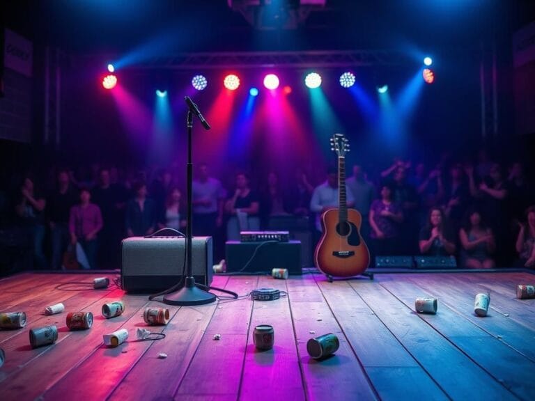 Flick International A chaotic concert scene with a microphone and guitar on stage