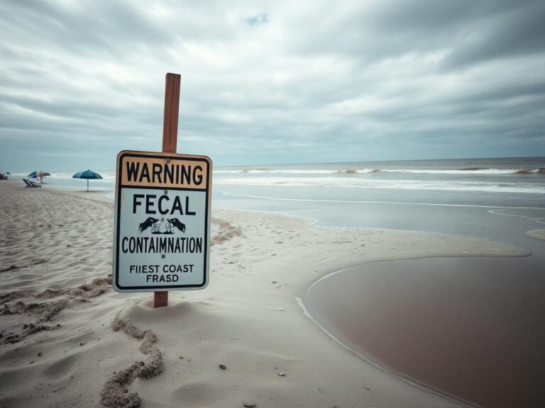 Flick International A beach scene with a 'Warning: Fecal Contamination' sign in the sand