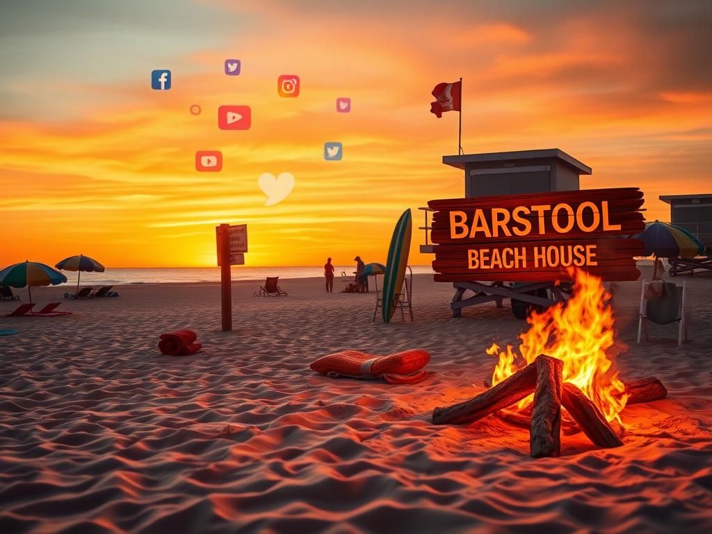 Flick International Vibrant beach scene at sunset highlighting the lively atmosphere of Jersey Shore with beach towels and surfboards.