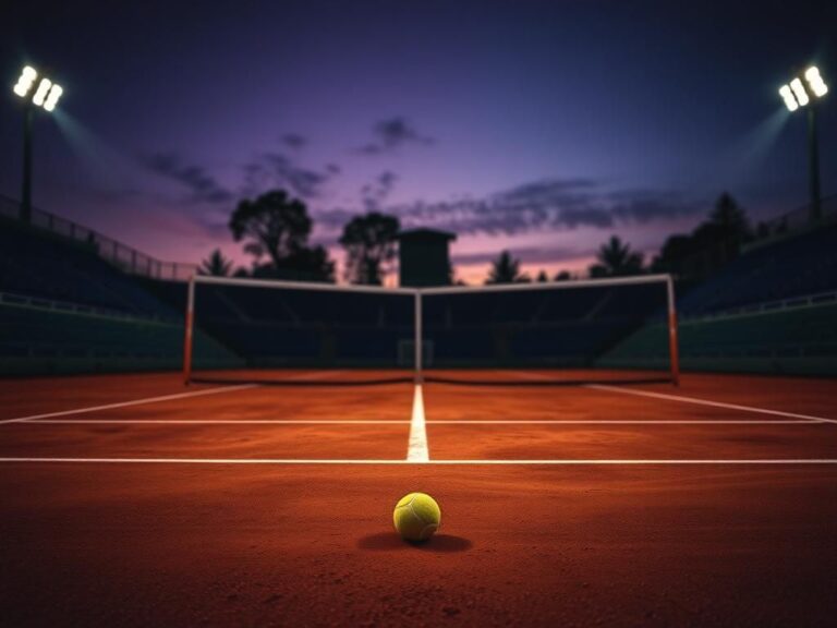 Flick International Dramatic scene of an empty clay tennis court at dusk with a tennis ball near the service line
