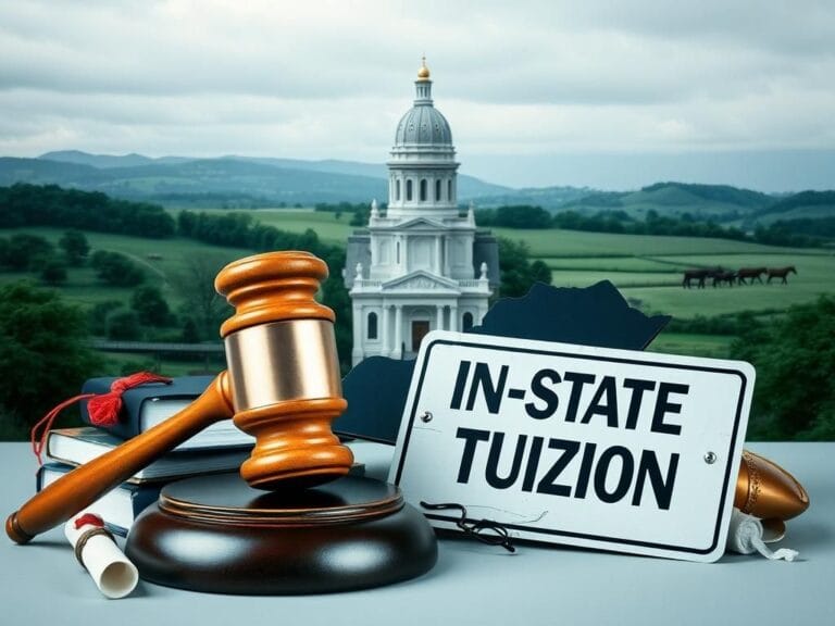 Flick International A collage of academic symbols representing education and legislation in Kentucky, featuring a large gavel, books, and a broken 'in-state tuition' sign.