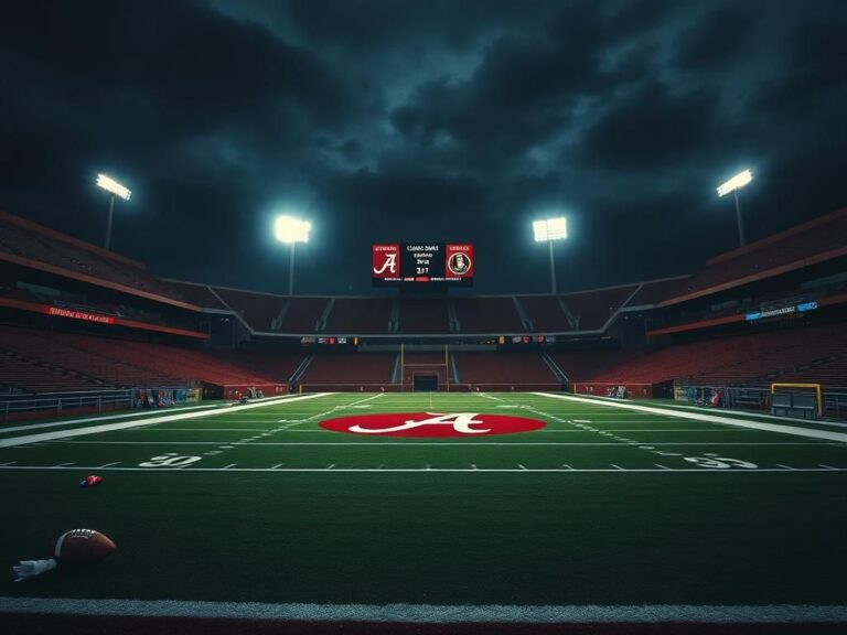 Flick International Dramatic night scene of an empty college football stadium with the Alabama Crimson Tide logo